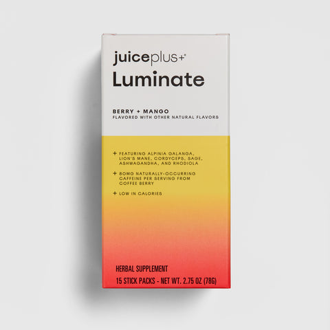 Box of Juice Plus+ Luminate herbal supplement with gradient design on a white background