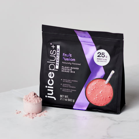 Juice Plus+ Perform Fruit Fusion protein shake mix package on a white background