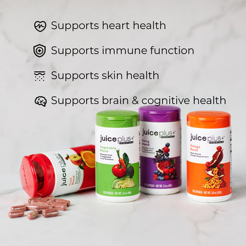 Juice Plus+ Capsules supplement containers with text highlighting health benefits on a light background