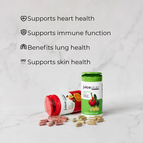 Juice Plus+ capsules supplement containers with text highlighting health benefits on a light background