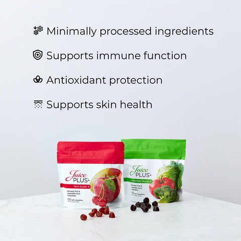 Two 'Juice Plus+' packages on a white surface with text about product benefits.