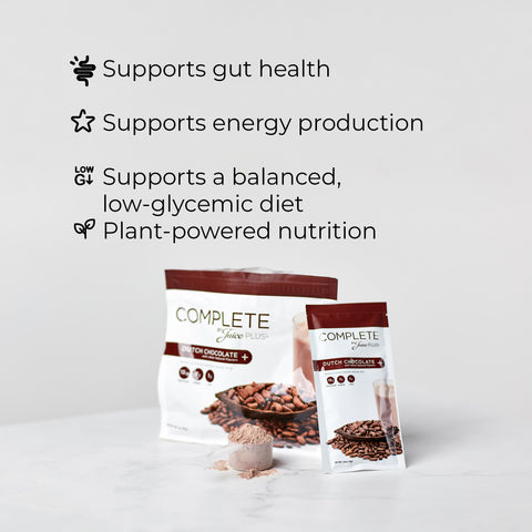 Two packages of Juice Plus+ Complete Chocolate with text highlighting benefits on a light gray background