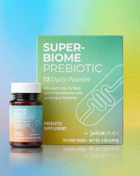 Super-Biome Prebiotic supplement bottle and packaging on a gradient background