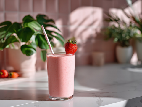 Strawberry smoothie in a glass with a straw and whole strawberry garnish, placed on a white marble counter with plants in the background.