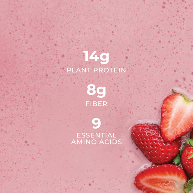Strawberries with nutritional information on a pink background