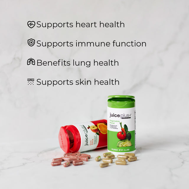 Juice Plus+ capsules supplement containers with text highlighting health benefits on a light background