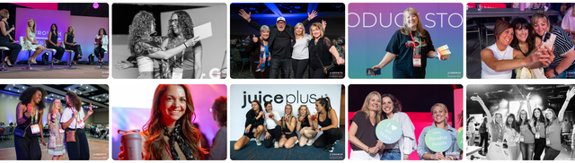 Collage of various images with people and logos, including 'Juice Plus+' and 'Doddugo'.