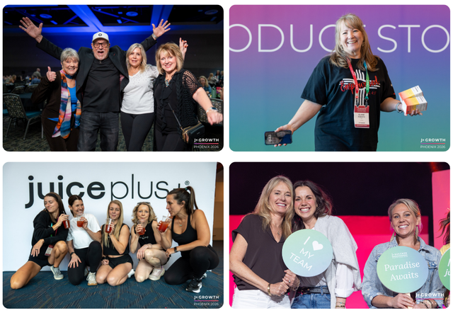 Collage of four images featuring people at events with visible branding.