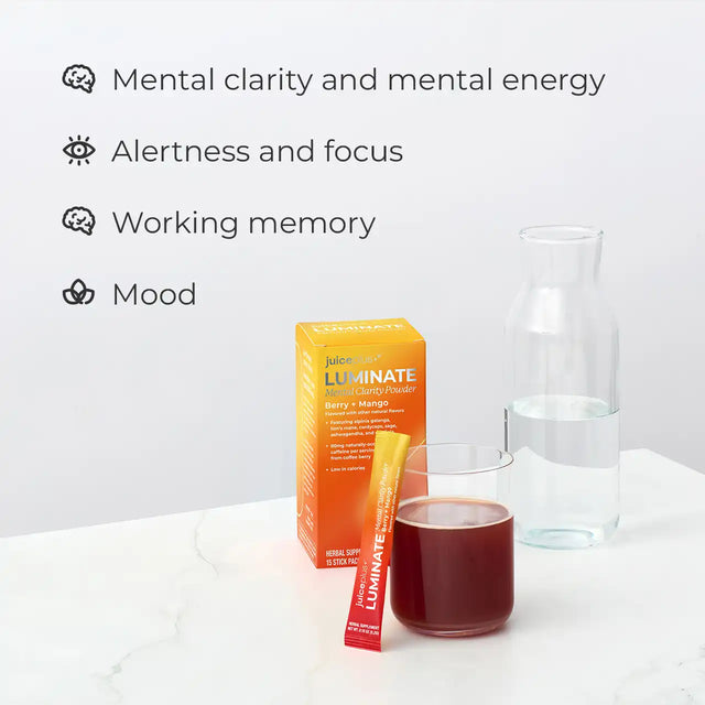 Juice Brand Luminate product with a glass of juice on a white surface