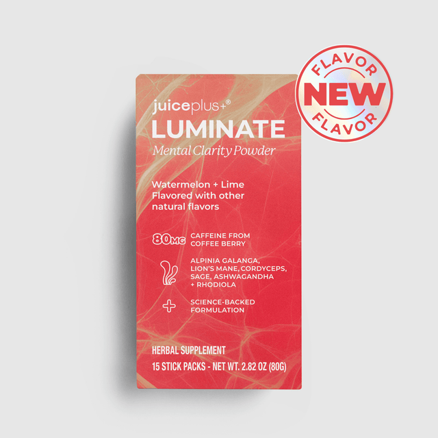 Juiceplus Luminate Mental Clarity Powder in Watermelon + Lime flavor, shown in a red and orange gradient box with a red circular 'Flavor New' badge overlay on a light gray background.