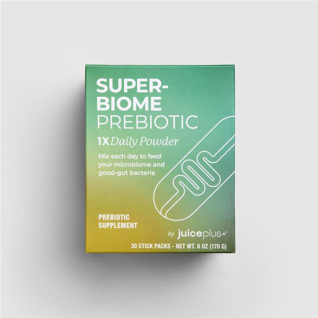 Box of Super-Biome Prebiotic by Juice Plus+ on a light gray background