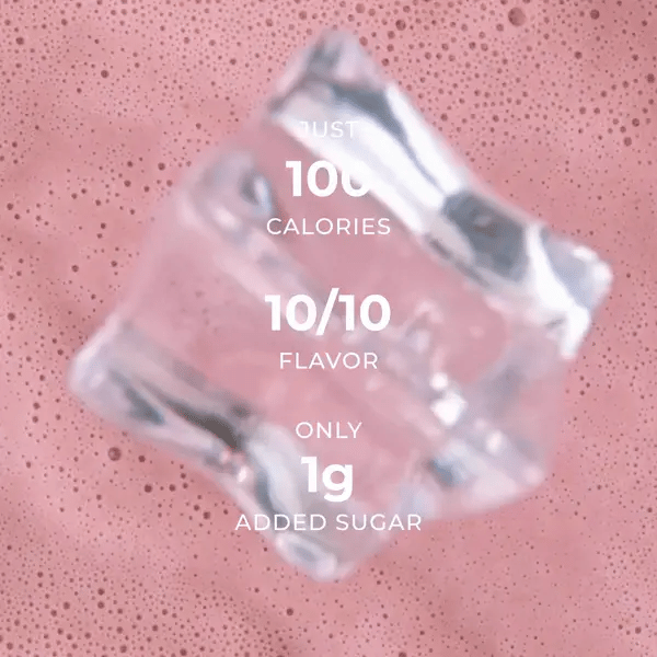 Clear ice cube with nutritional information text on a pink background