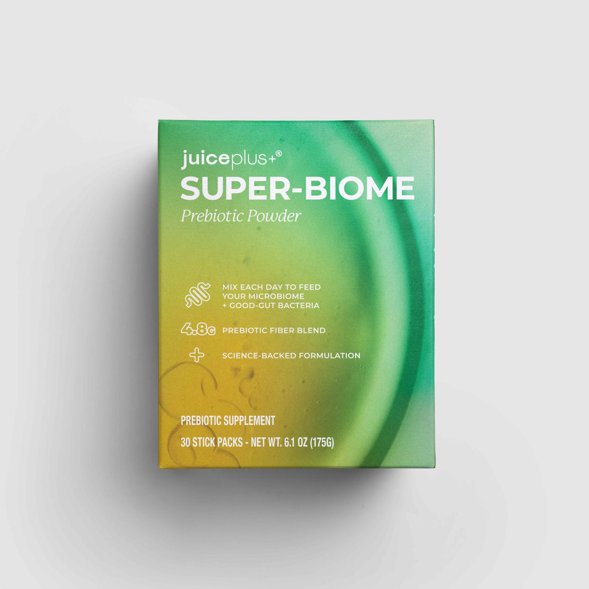 A box of juiceplus Super-Biome Prebiotic Powder, featuring a green and yellow gradient design with white text, set against a light gray background.