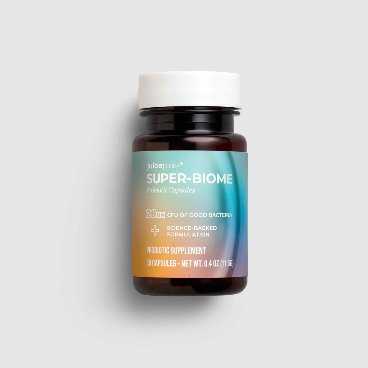 A bottle of JuloPlus Super-Biome Probiotic Supplements on a light gray background. The bottle is dark amber brown with a white cap and a label featuring a blue-to-orange gradient.