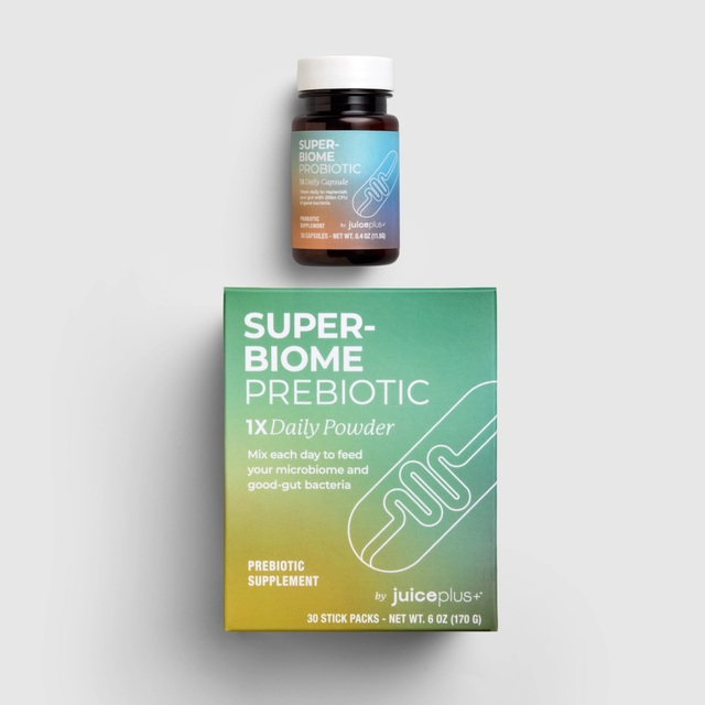 Super-Biome prebiotic and probiotic supplement bottle and packaging on a light gray background
