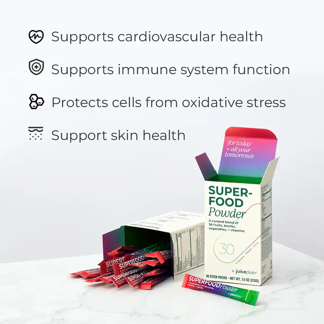 Superfood powder packaging with health benefits listed on a white background