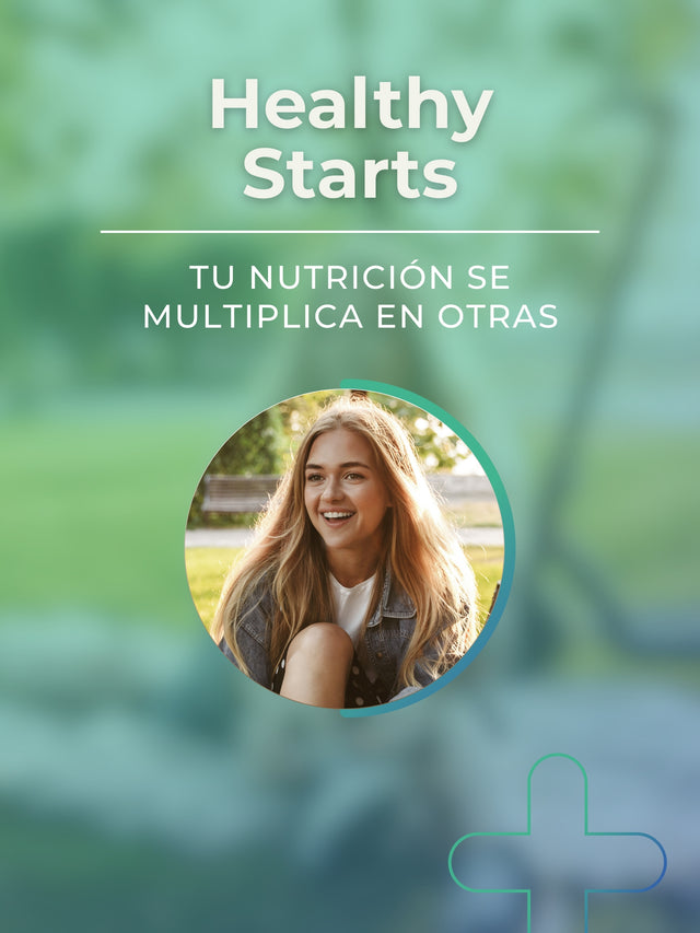Promotional graphic for 'Healthy Starts' with a woman in a natural setting and text about nutrition.