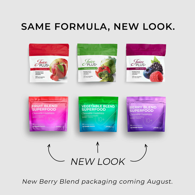 Juice Plus+ packaging with new design on a gray background