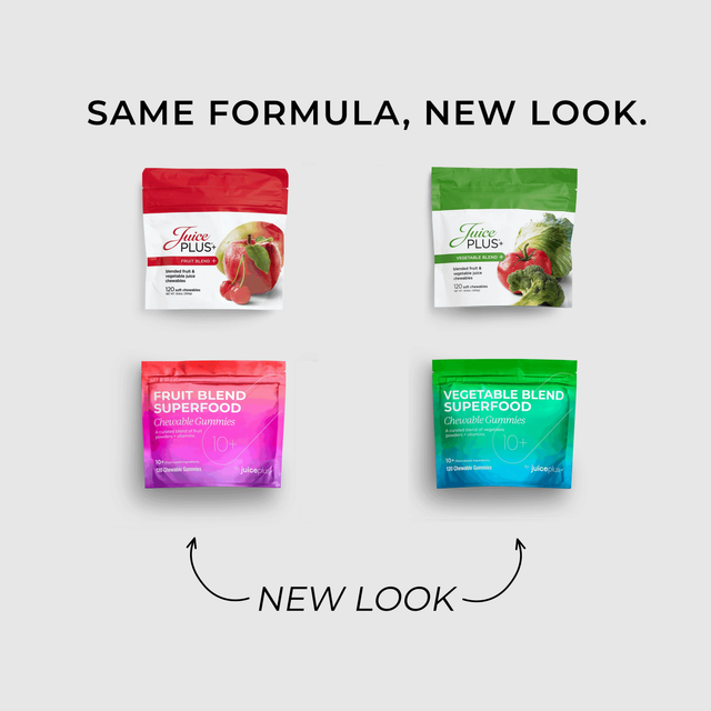 Four packages of Juice Plus+ with text 'Same formula, new look' on a light gray background