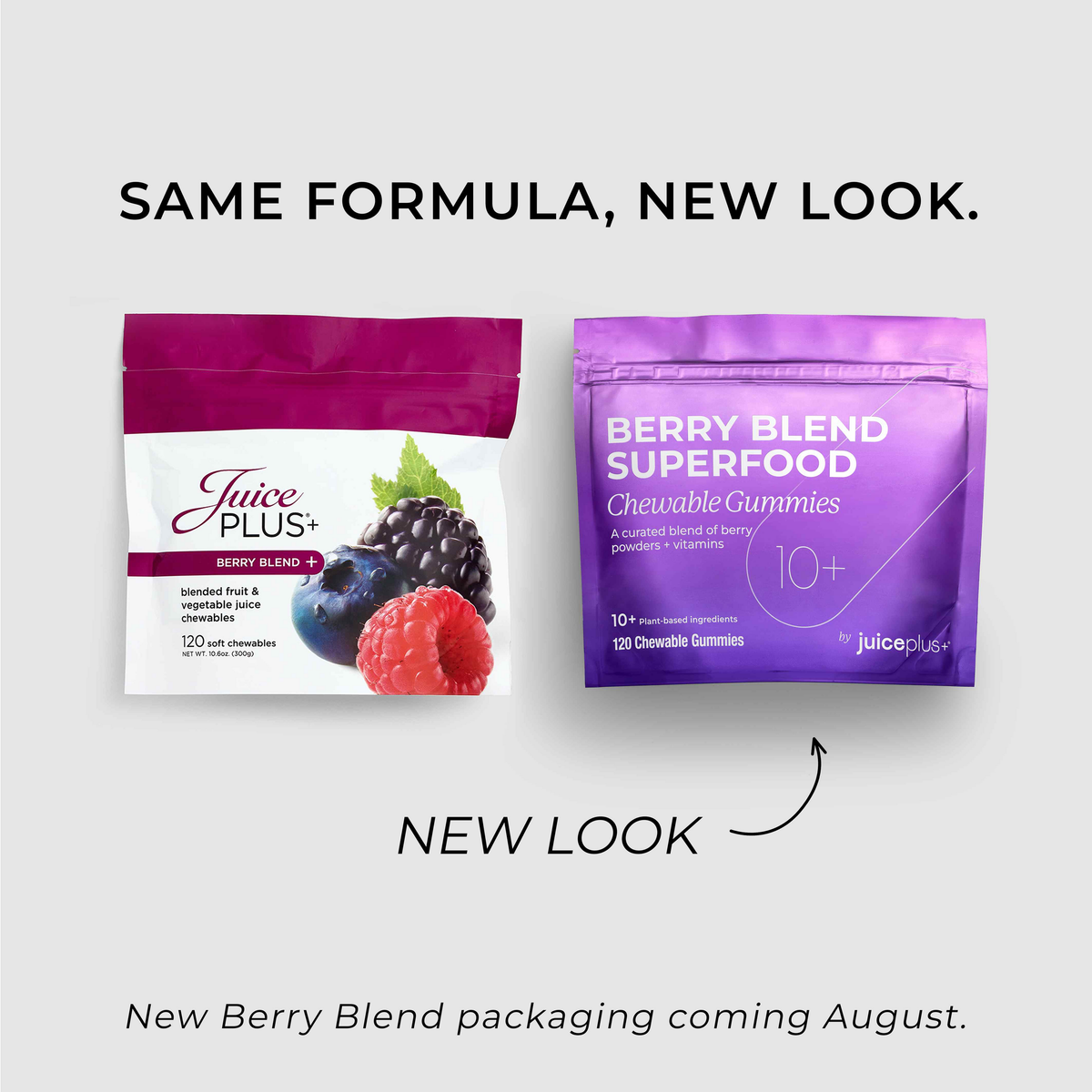 Two packages of Juice Plus+ Berry Blend Superfood Chewable Gummies on a white background with text about a new look.