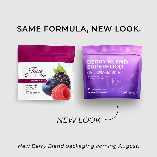Two packages of Juice Plus+ Berry Blend Superfood Chewable Gummies on a white background with text about a new look.
