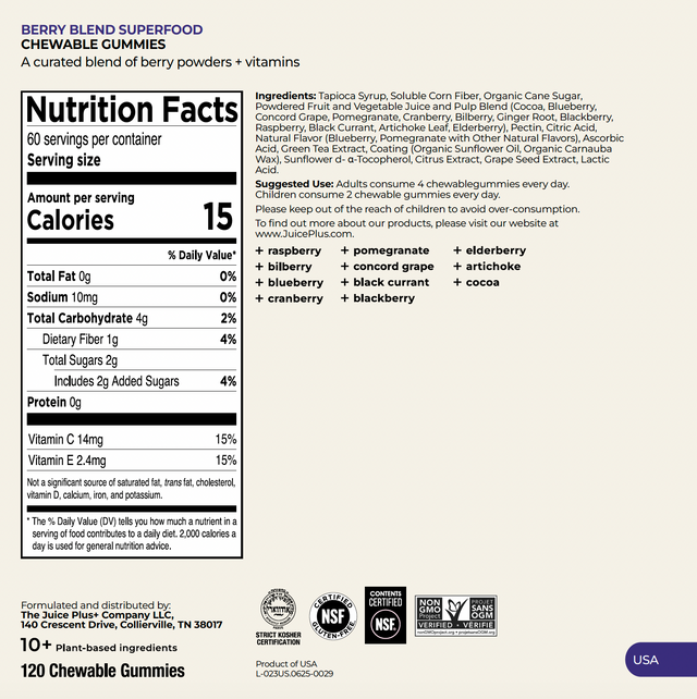 A Nutrition Facts label for Berry Blend Superfood Chewable Gummies, showing serving size, calories, nutrients, ingredients list, website, and 12 chewable gummies per bottle.