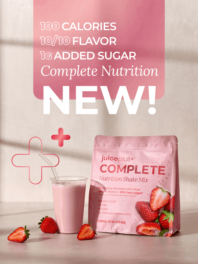 Juice Plus+ Complete Nutrition Shake Mix package with strawberry flavor on a light background