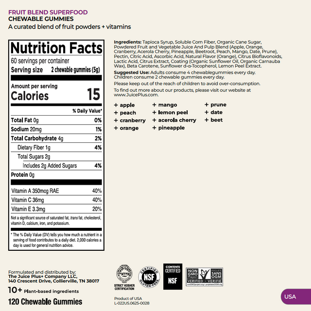 Nutrition facts label for fruit blend superfood chewable gummies on a white background