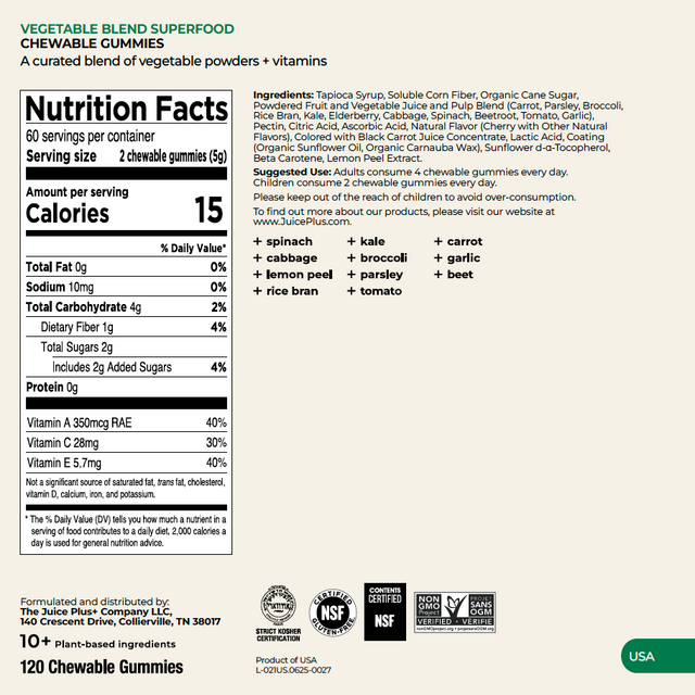 Nutrition facts label for vegetable blend superfood chewable gummies with ingredients list.