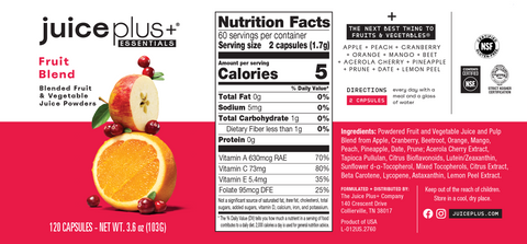 Juice Plus+ Essentials Fruit Blend Capsules label