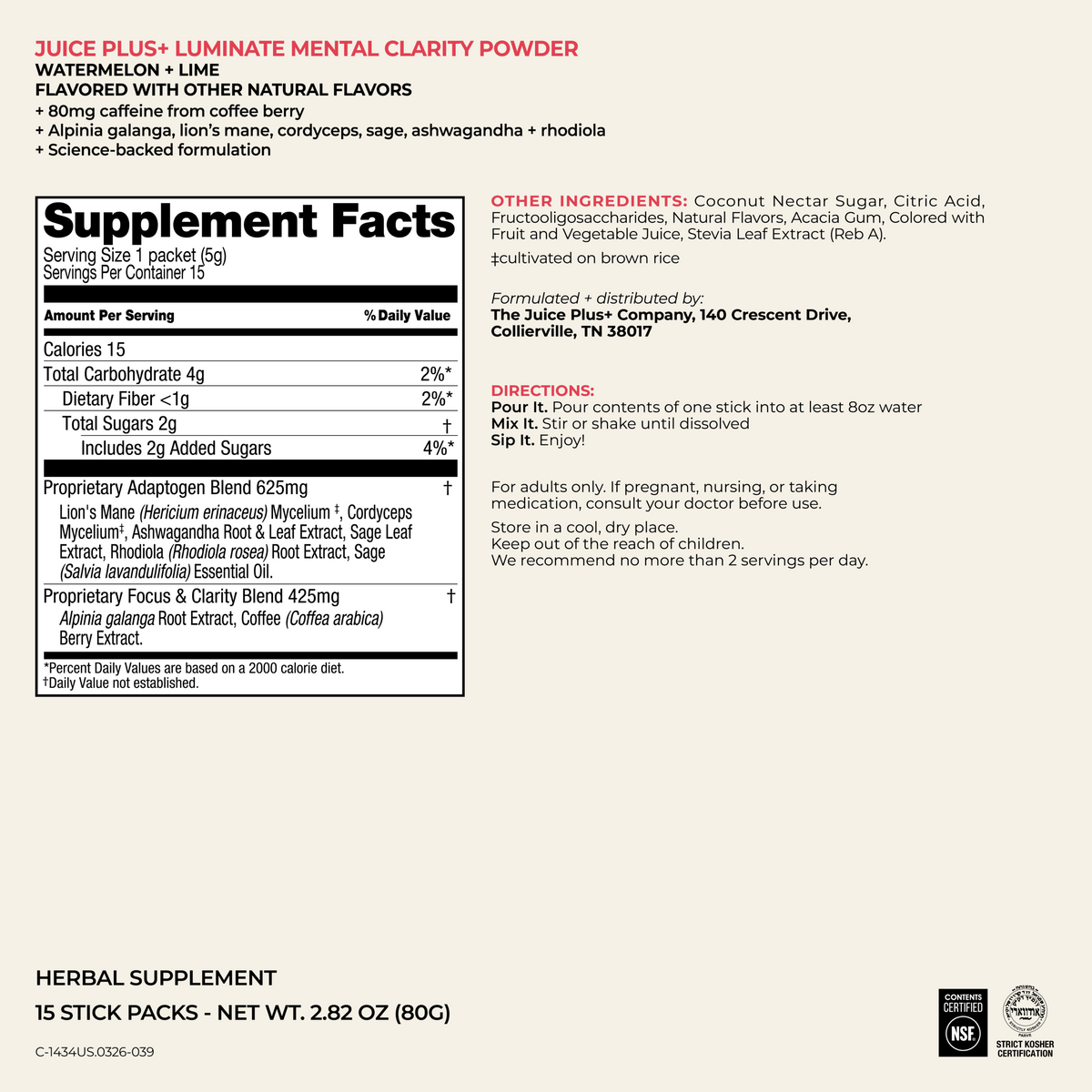A supplement facts label for Juice Plus+ Luminance Mental Clarity Powder in Watermelon + Lime flavor, shown on a beige background with product details and directions.