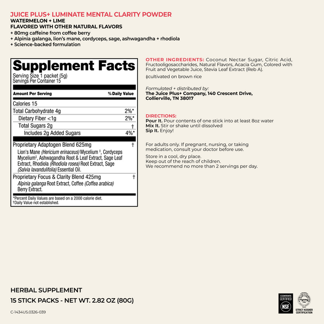 A supplement facts label for Juice Plus+ Luminance Mental Clarity Powder in Watermelon + Lime flavor, shown on a beige background with product details and directions.
